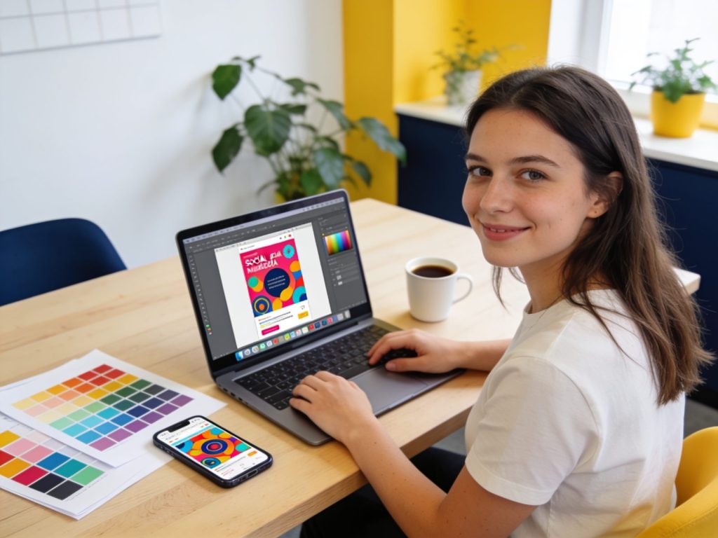 Szkolenia Canva dla firm — projektowanie grafiki na laptopie z próbnikiem kolorów