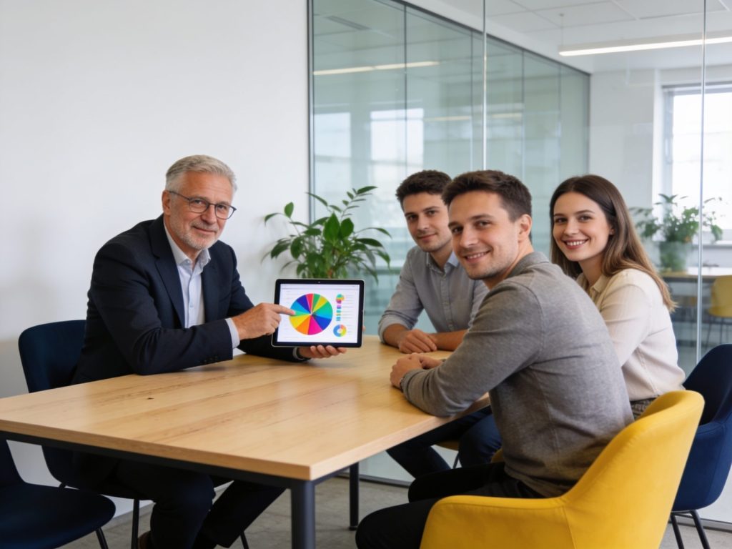 Szkolenie AI dla managerów — prezentacja wyników zespołowi na tablecie