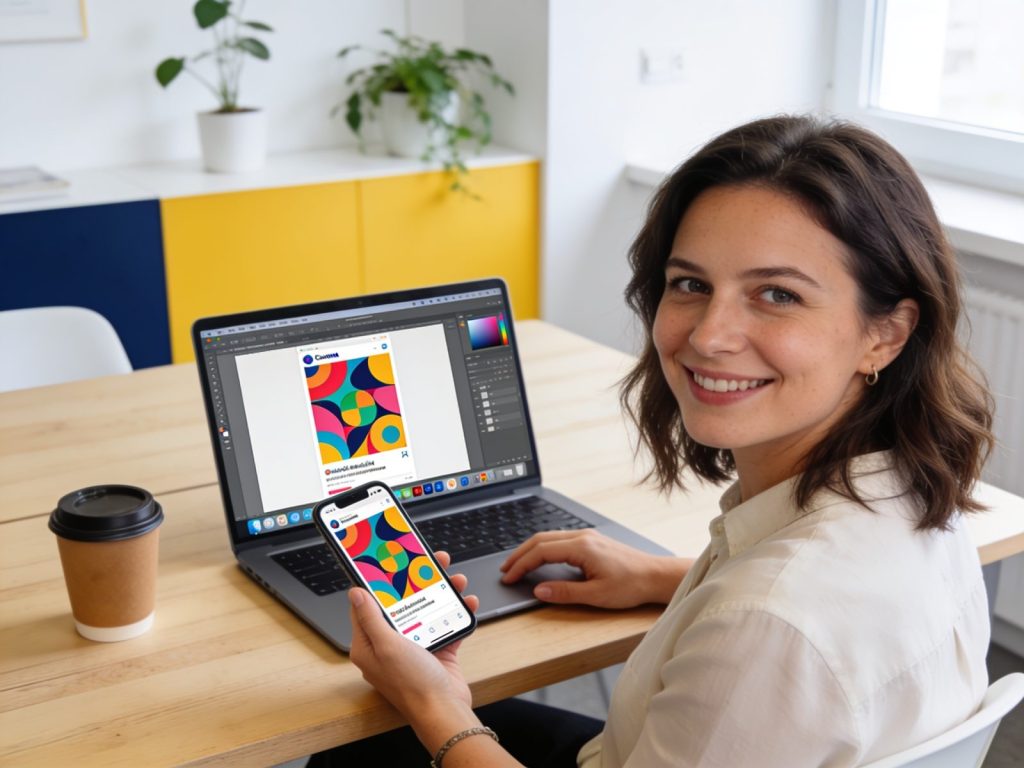 Szkolenie Canva dla firm — projekt posta na laptopie i telefonie