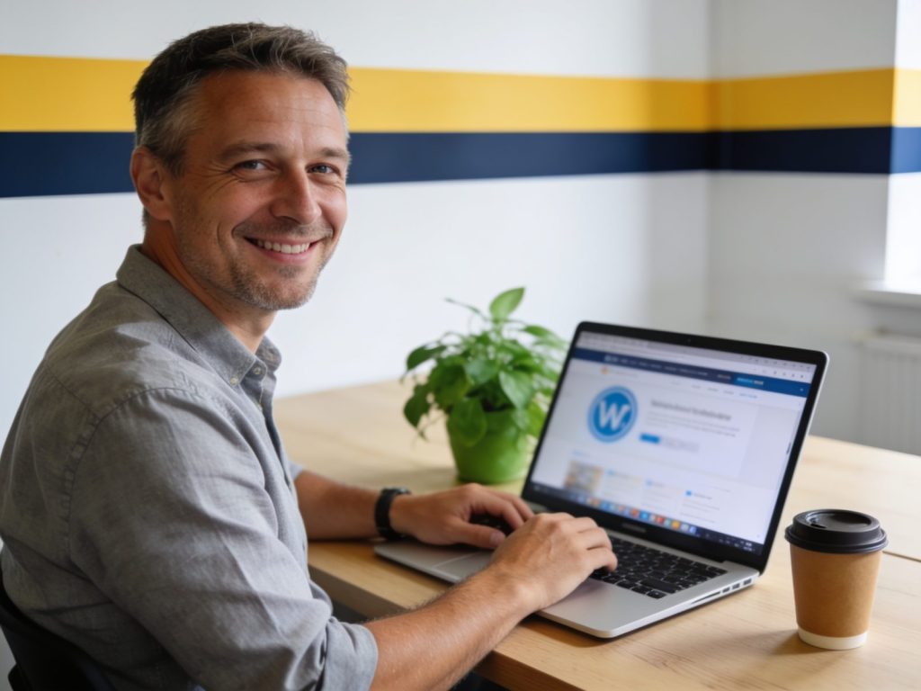 Szkolenie WordPress — właściciel firmy aktualizuje stronę na laptopie